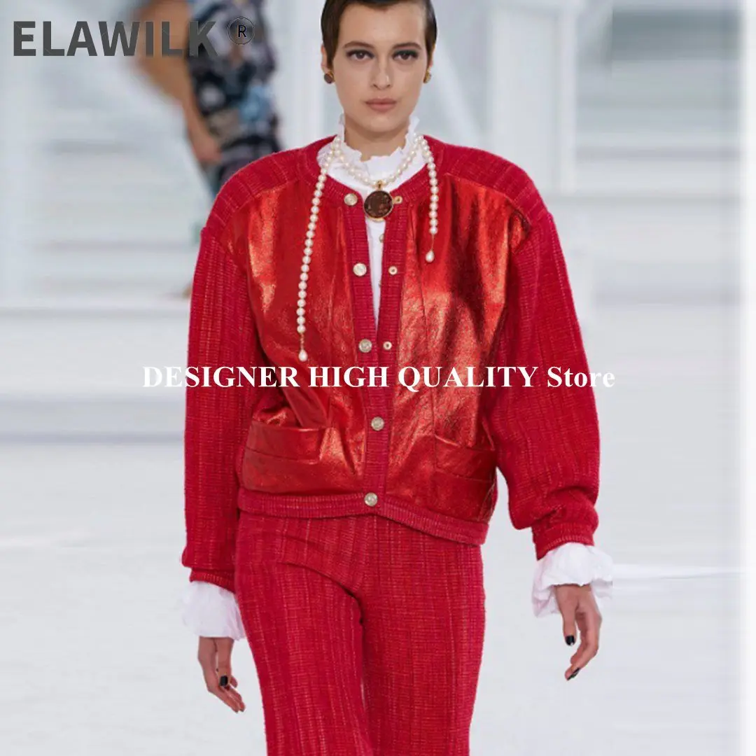 

Novelty Tweed Patchwork 100% Sheepskin Leather Jacket Women 2021 New Fashion Runway O-neck 5 Letter Buttons Loose Red Coat