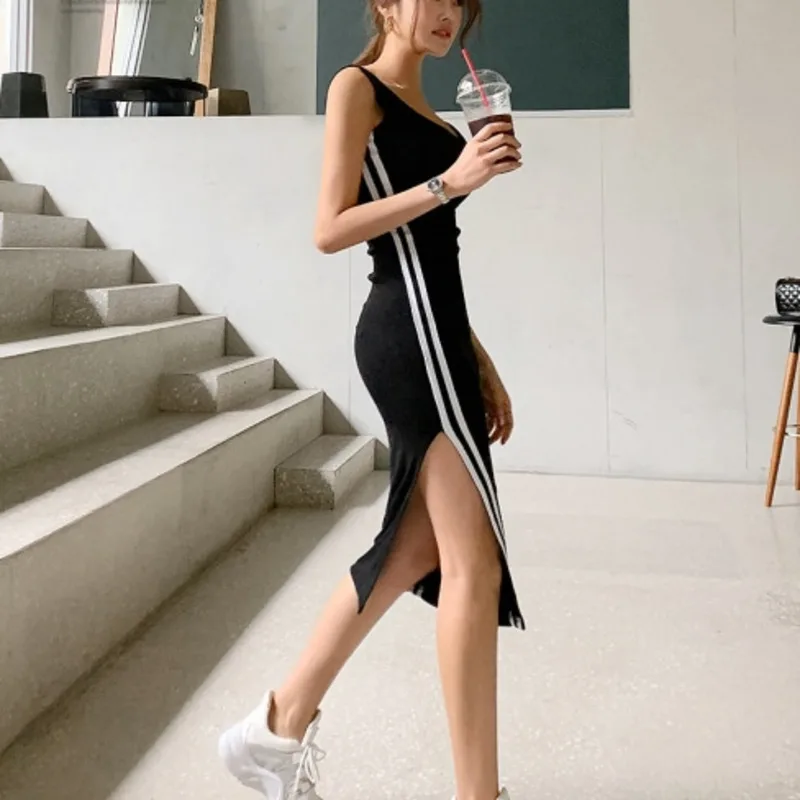 

Korea Summer Top Hot Sexy Striped 2020 Cotton Long Maxi Party Dress Pencil Tank Vest Dresses Vintage T Shirt S414