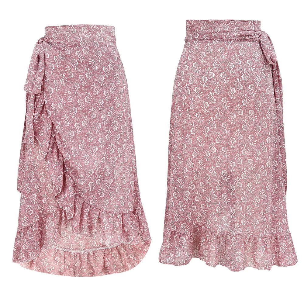 

Woman Skirts High Waist Fashion Long Black Knotted Tied Wrap Floral Ruffle Chiffon A Line Split Skirt 2021 Spring Summer Clothes