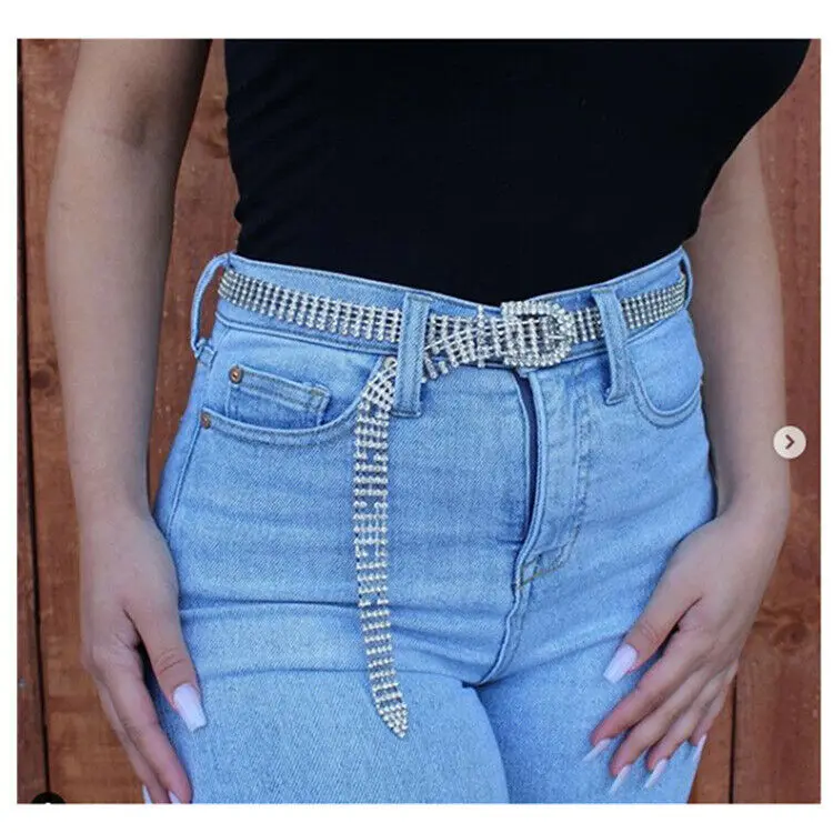 

Fashion Women Diamond Crystal Rhinestone Belt Streetwear Shiny Full-Diamonds Gold Silver Metal Belt One Size