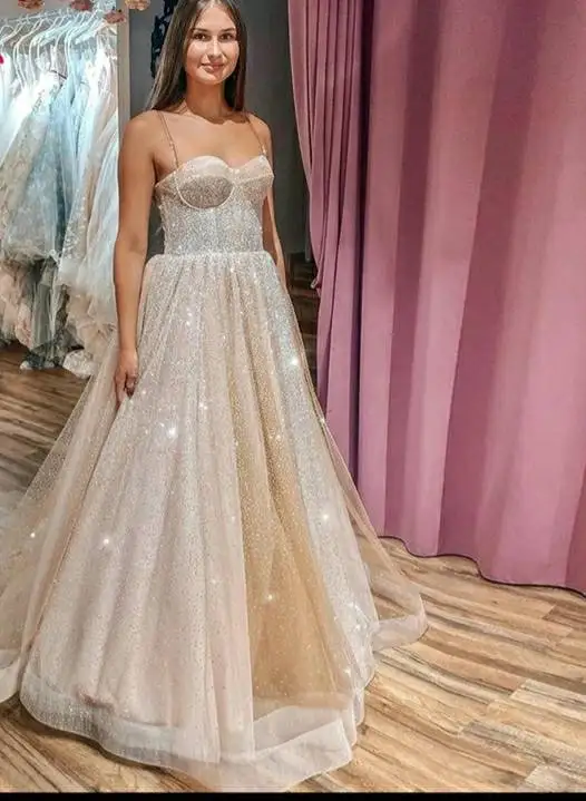 

Verngo Sparkly Glitter A Line Wedding Dress Champagne And Ivory Mixed Spaghetti Straps Floor Length Modern Bridal Gowns