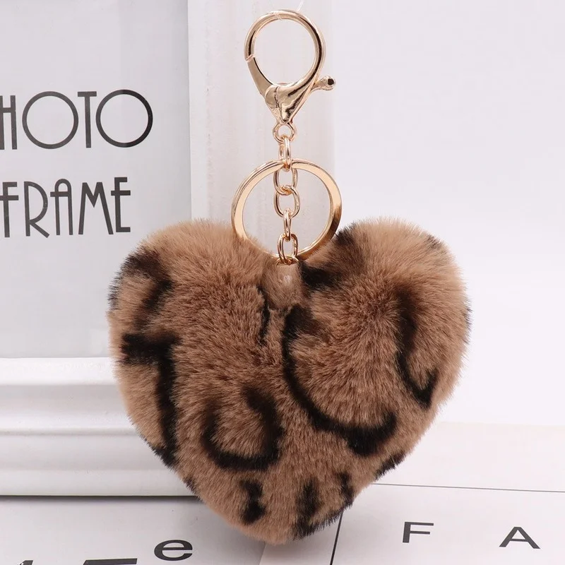 Artificial Rabbit Fur Pom-pom Keychain Leopard-print Pom-pom Keychain Lady Mobile Phone Bag Key Ring Love Pendant Decoration