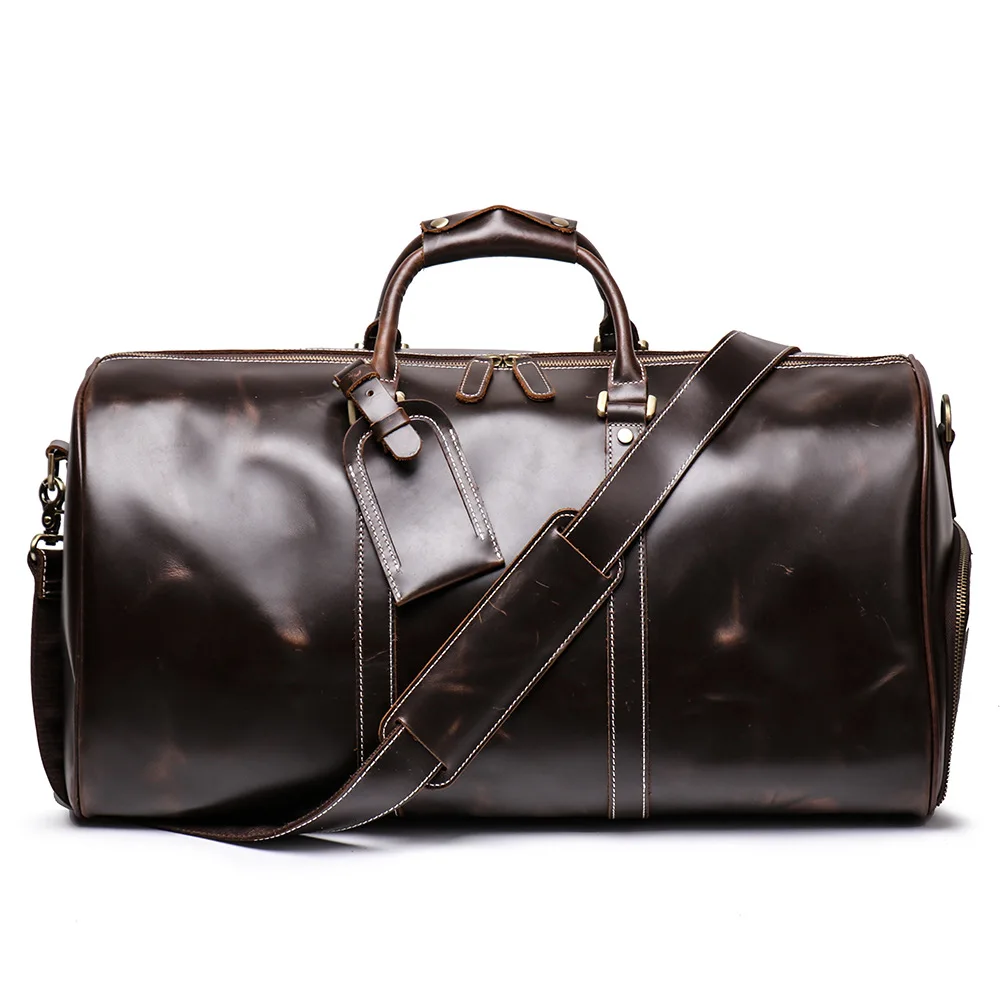 

Genuine Leather Travel Bag For Men Round Shap Duffle Bags For Business Trip Male Weekend Bag Far away Travel Big Handbag