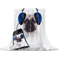 fleece throw blanket full size cool pug dog listen to music lightweight flannel blankets for couch bed living room warm fuzzy