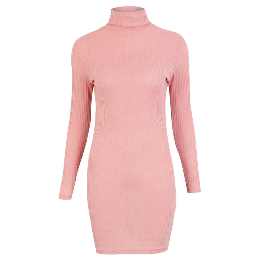 

Women Knitted Dress Turtleneck Sweater Dresses Lady Autumn Winter Casual Bodycon Long Sleeve sweater pull femme nouveaute 2019