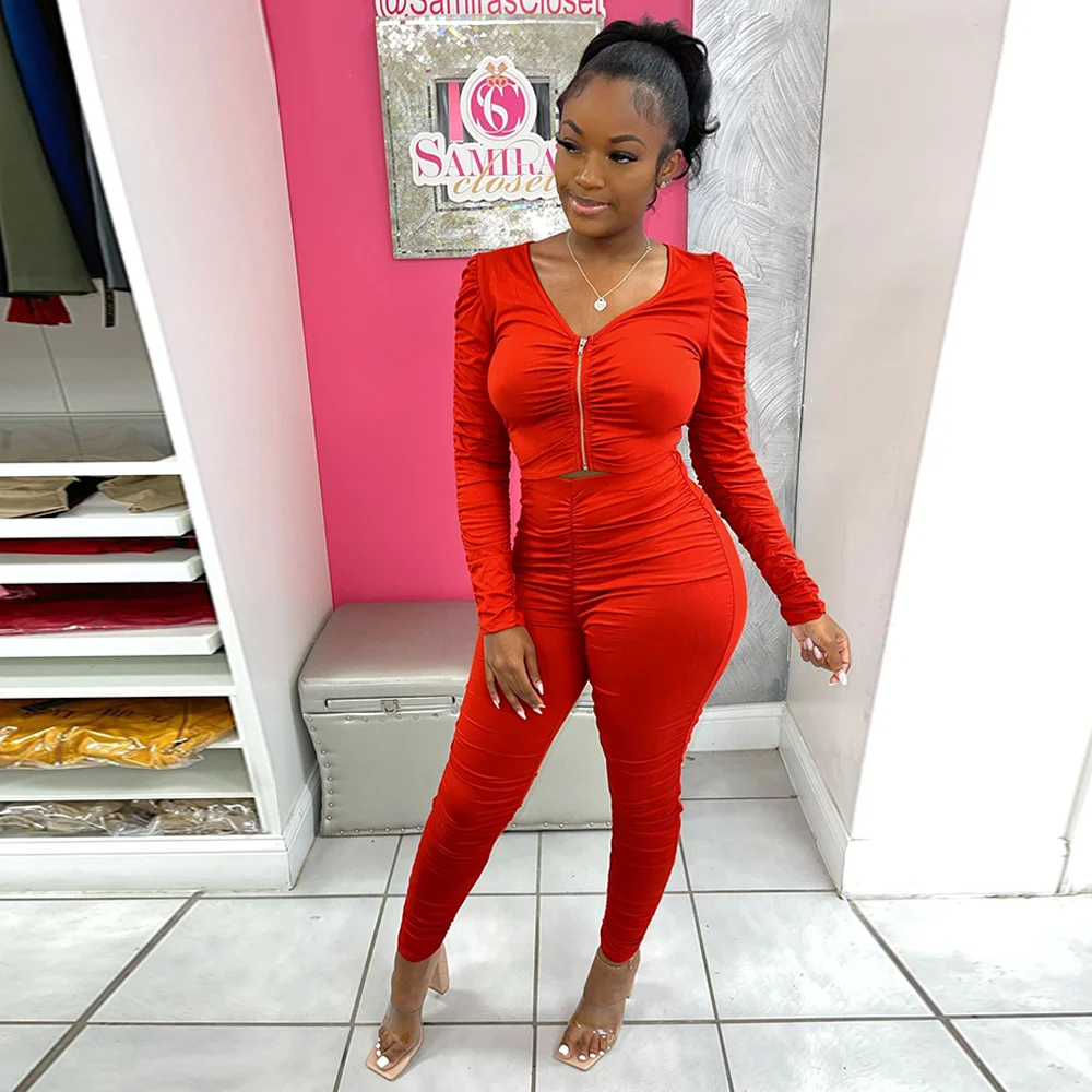 

Женский комплект из двух предметов, красный/черный/зеленый костюм с драпировкой, укороченный топ на молнии с V-образным вырезом и длинными р...