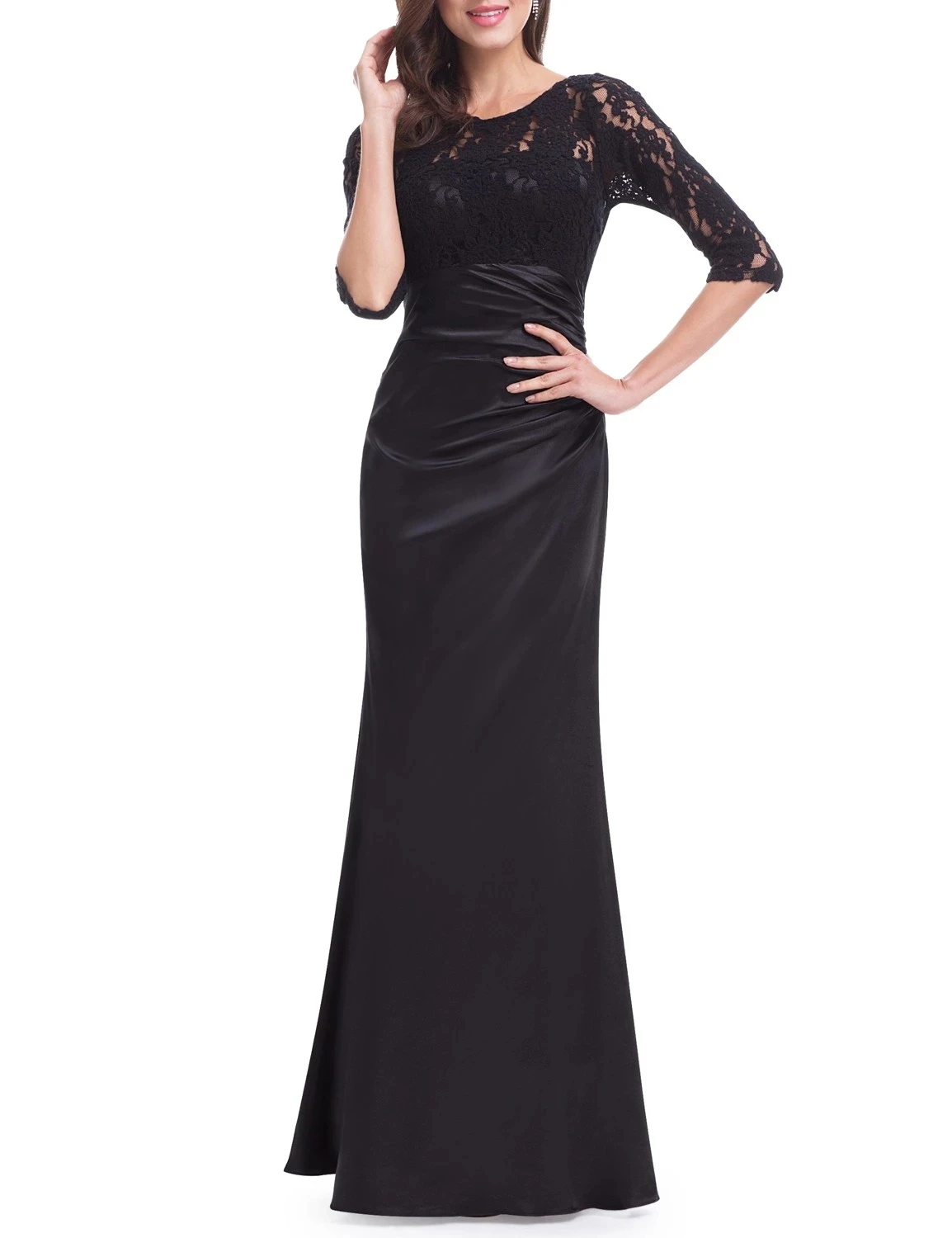 

Elegant 3/4 Sheer Sleeves Lace Scalloped Neckline Women's Long Black Evening Dress EP09882