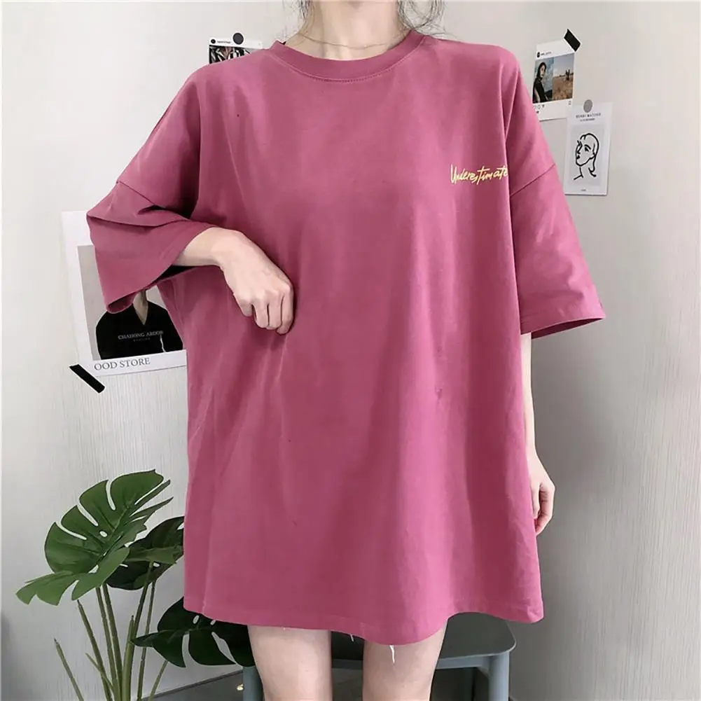 T-shirts-Camiseta holgada de media manga con cuello redondo para mujer, ropa de Bordado de letras, 2021