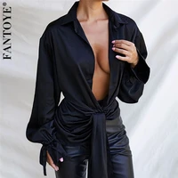 fantoye black sexy v neck petal sleeve blouses woman fashion 2020 elegant bandage irregular loose shirts casual plus size tops