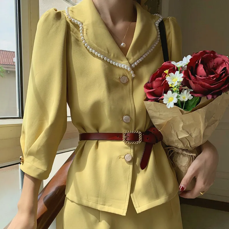

French Style Vintage 2 Piece Sets Vintage Women Suit Pearl Notched Sashes Blazer+ Skirt Elegant Office Lady Clothes Chic Suits