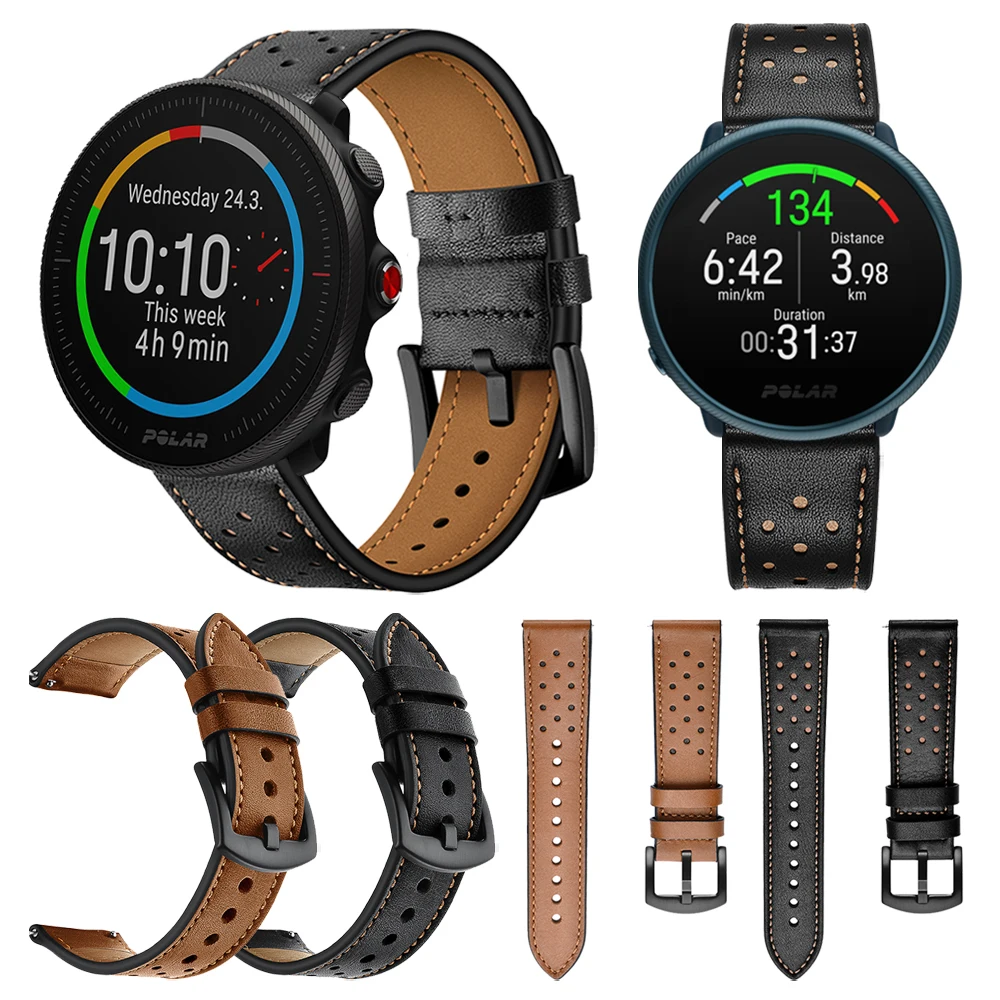 

For POLAR IGNITE 2 Leather Strap VANTAGE M2 M / UNITE/ GRIT X Wristband Bracelet Replace Watchband Brown / Black