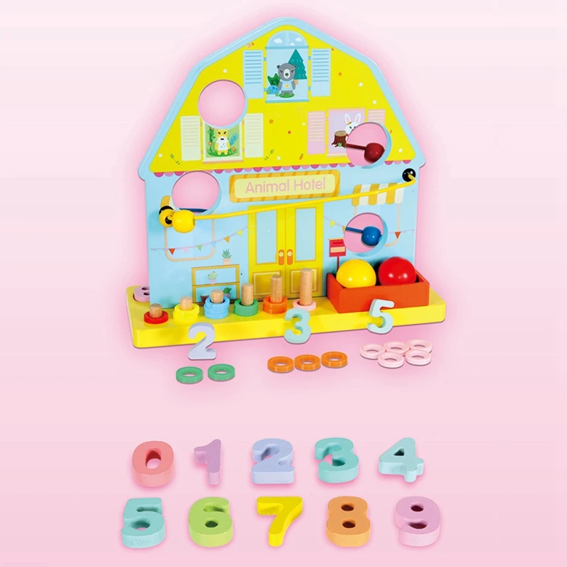 

Multifunctional House Rolling Ball Logarithmic Board Puzzle Toy Children'S Clock Digital Cognition Wooden Toy for Kid