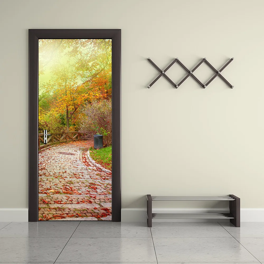 

30.3x78.7" Stone path with fallen leaves Door Wallpaper Sticker for Home Decoration Vinyl Decals Removable 3D Door Sticker Mural