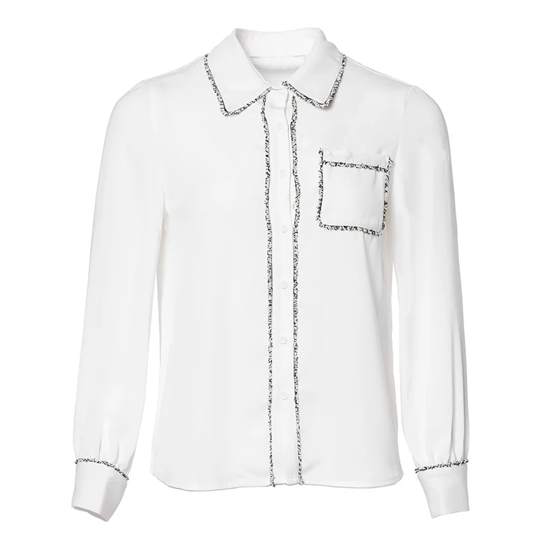 

Runway Designer Autumn spring Shirt Tops Women Poker Long Sleeve Ladies Chiffon Black one line buttom Blouse