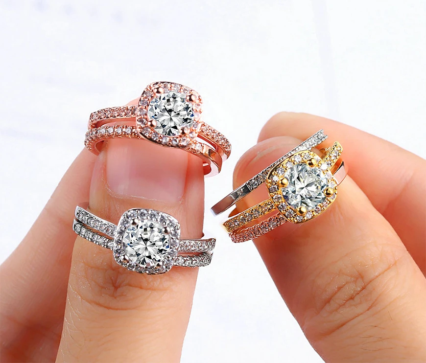 Классические квадратные свадебные наборы колец белый/розовый/Золотой 3 цвета