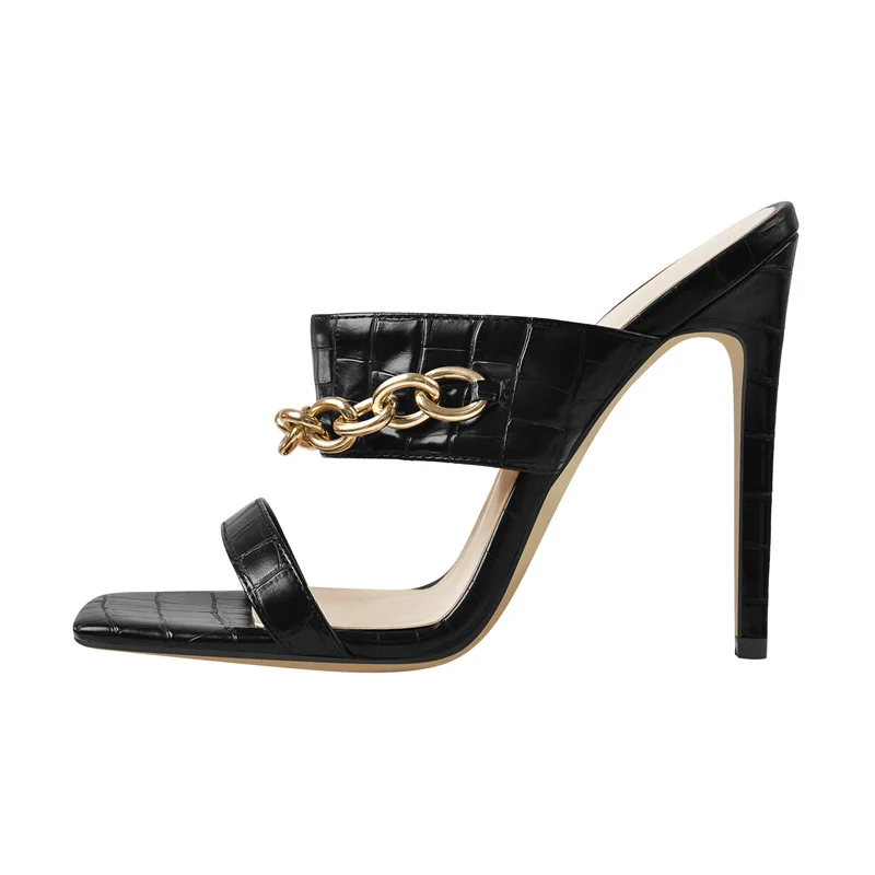 

Onlymaker Women's Summer High Heels Black Sandals Slip-On Open Square Toe Chain Strap Shoes Party Dress Casual Big Size US5-15
