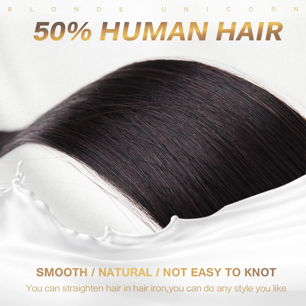 

Haircube Synthetic Short Straight Hair Wigs with Bangs 50% Human Hair Natural Black 1B Color Pixie Cut Blend Wigs for Women