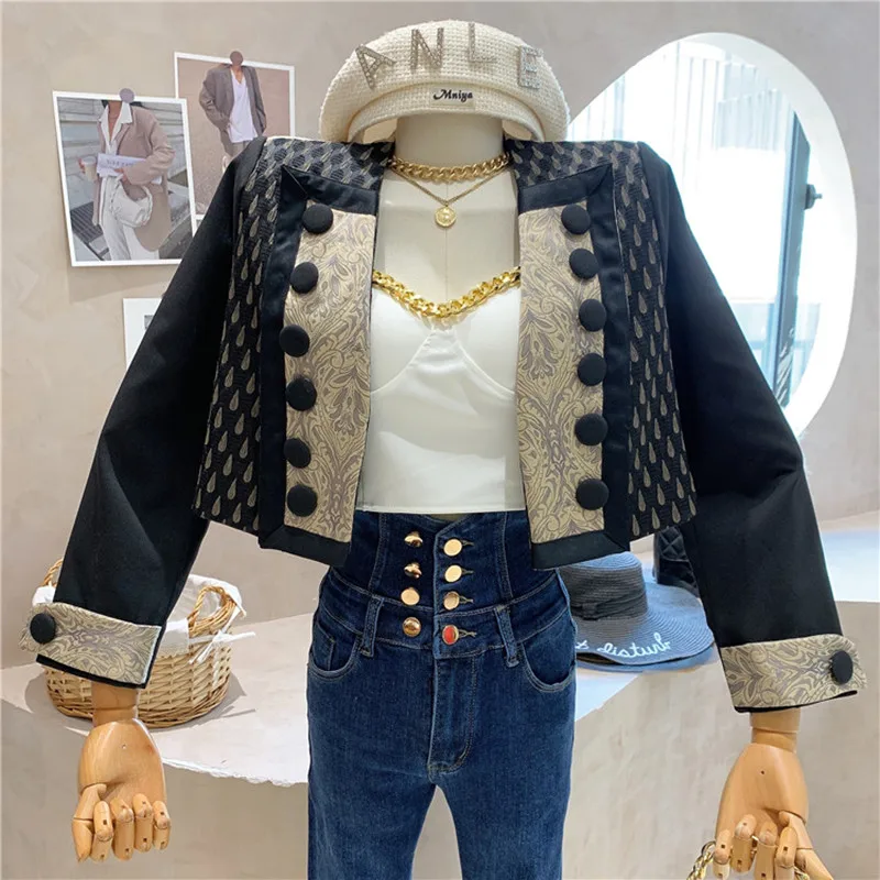 

New Women's Clothing 2021 Autumn Design double breasted splicing contrast color long sleeve short coat Retro Blazers Jacket Top