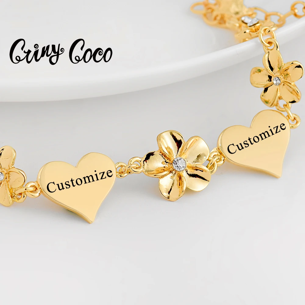

Cring Coco Engraving Custom Name Bracelets Hawaiian Gold Heart Flower Jewelry Personalize Bracelet Bangle for Family Kid Women