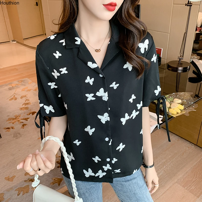 

Polo Shirt Chiffon Loose Plus Size Women's Blouses New Casual Blouse Fashion Short Sleeve Top Butterfly Print Summer Houthion