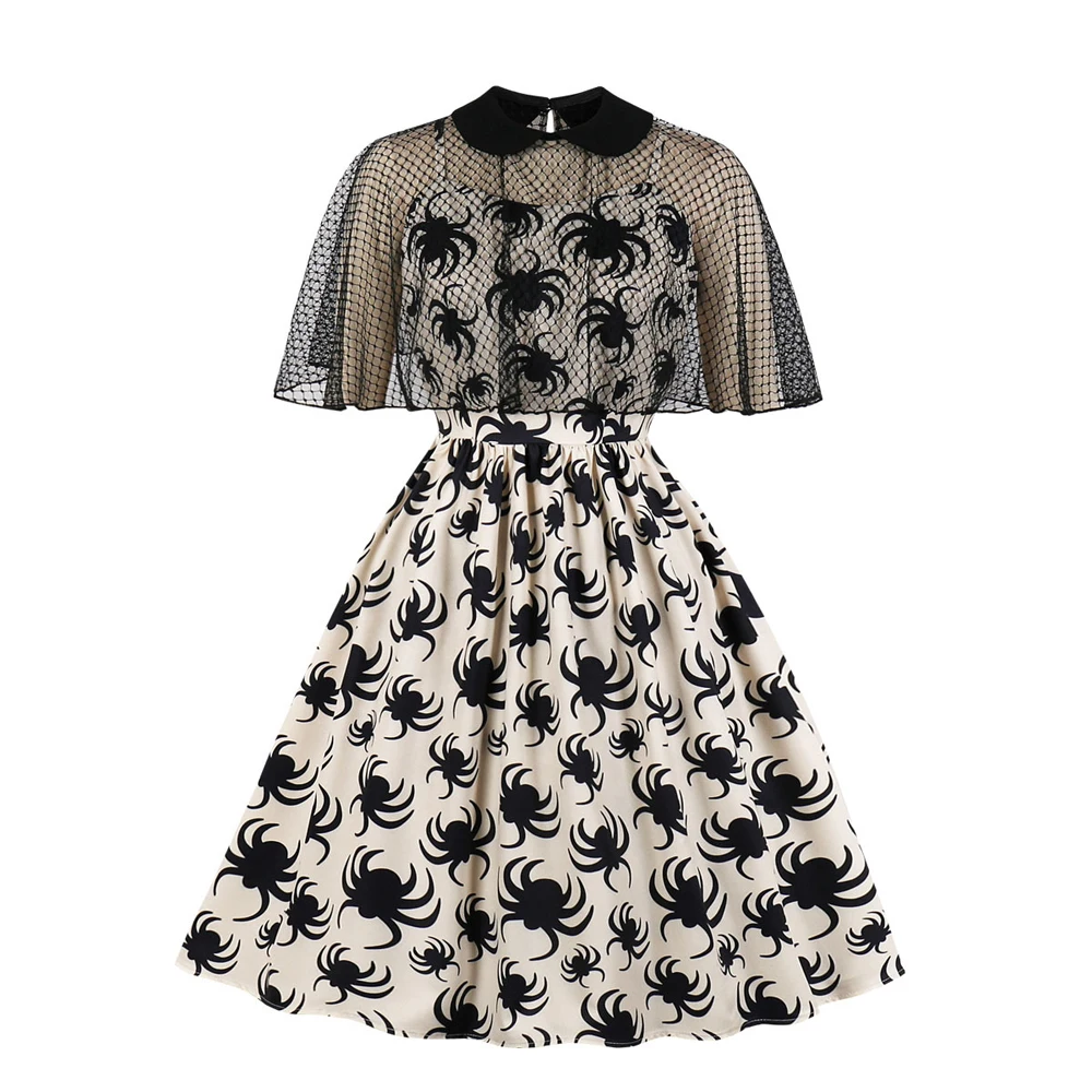 

Mesh Cape Spider Print Dress Women 50s 60s Retro Jurken Keyhole Back Cloak Elegant Robe Vintage Peter Pan Collar Swing Dresses