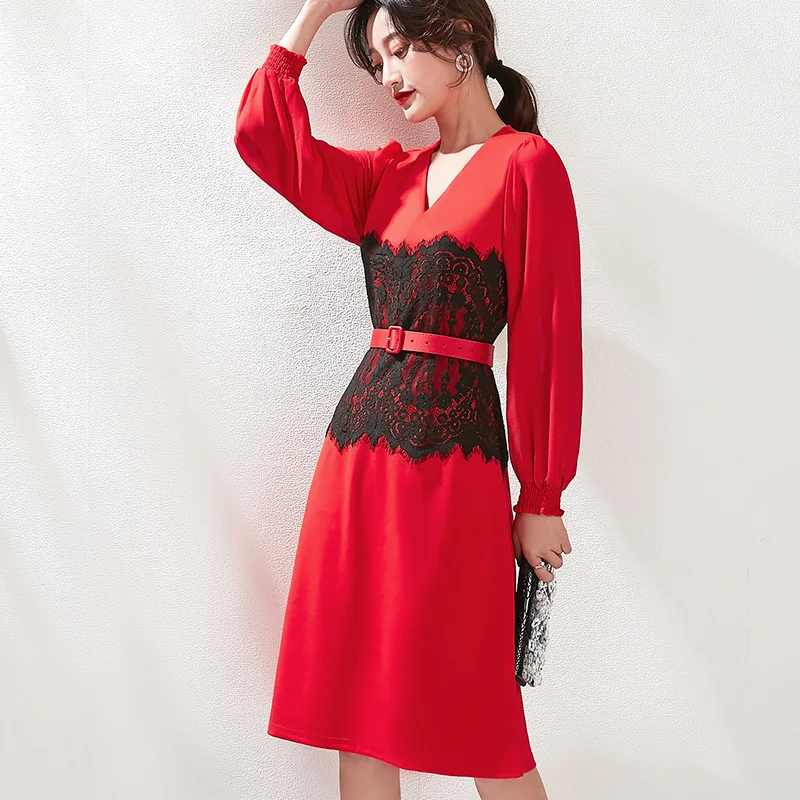 

2020 Spring New Style Korean-style Women's V-neck Contrasting Color Long-Sleeve Lace Ladies' Waist Hugging Elegant Western Style