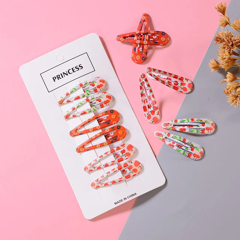 6Pcs/Set Korean Cute Print Flower Cherry Snap Hair Clips Metal Hairpins Barrettes for Women Girls Natural Clip Ins | Красота и
