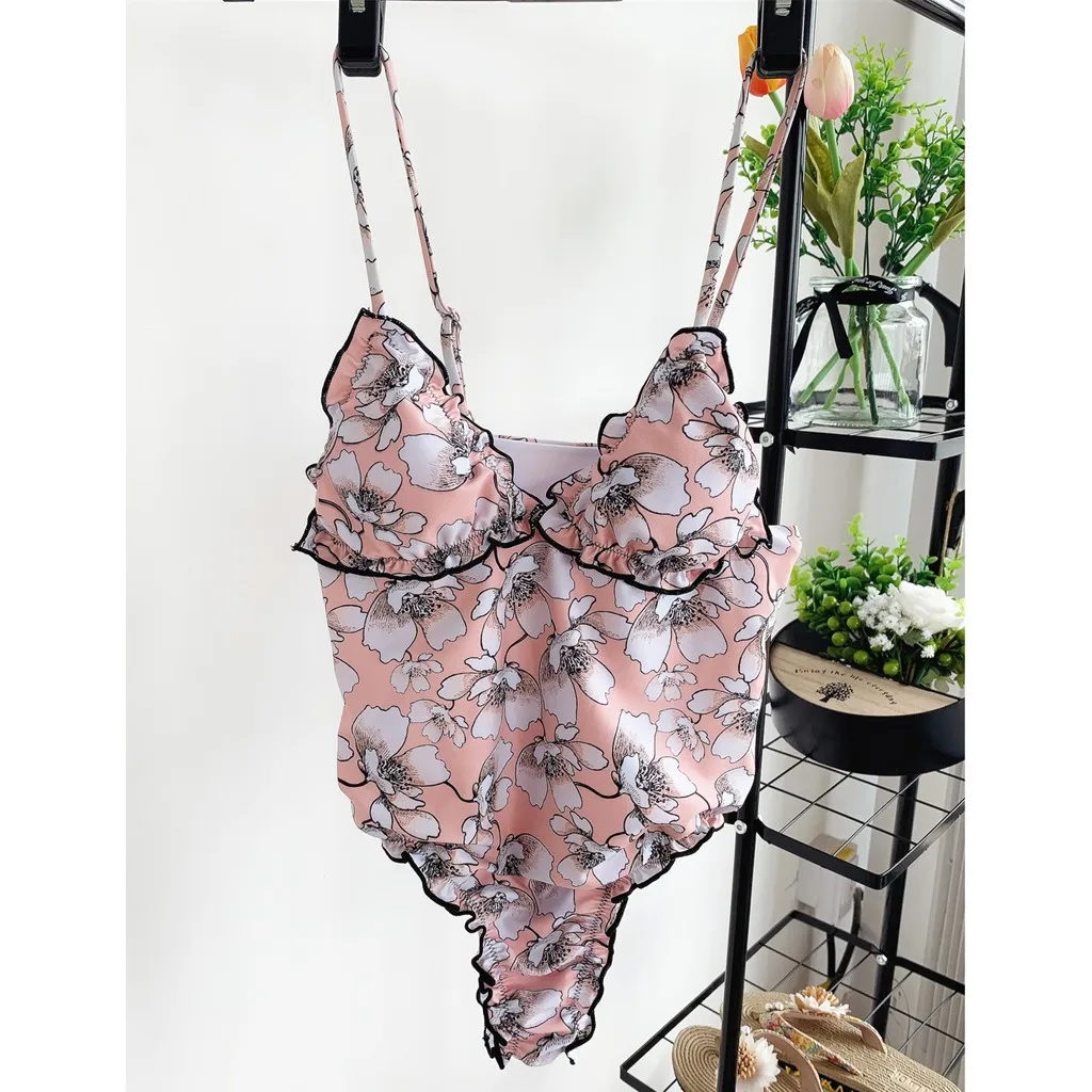 

Women Bikini Beach Swimwear One-Piece Swimsuit Flowers Print Bandage Women's Bodysuit Women Swimsuit Bikini 2020 Biquini Set LW