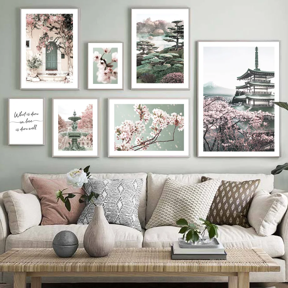 

Cherry Blossoms Fountain Botanic Garden Wall Art Canvas Painting Nordic Posters And Prints Wall Pictures For Living Room Decor