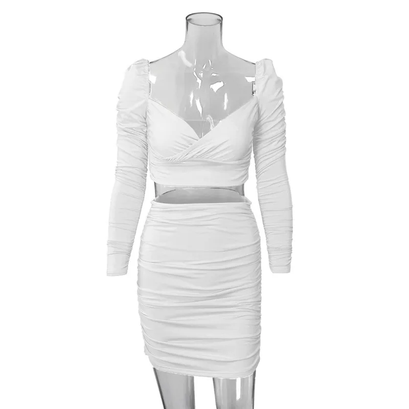 

Ahagaga Autumn Women Sets Sexy High Waist V-Neck Long Sleeve Bodycon Skinny 2 Pieces Short T Shirt + Mini Skirt Female Tracksuit