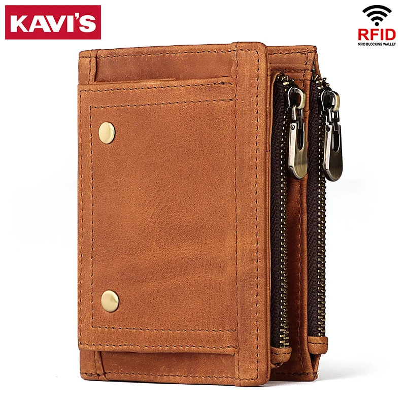 Кожаный бумажник KAVIS RFID маленькие мужские кошельки Crazy Horse портмоне качественная