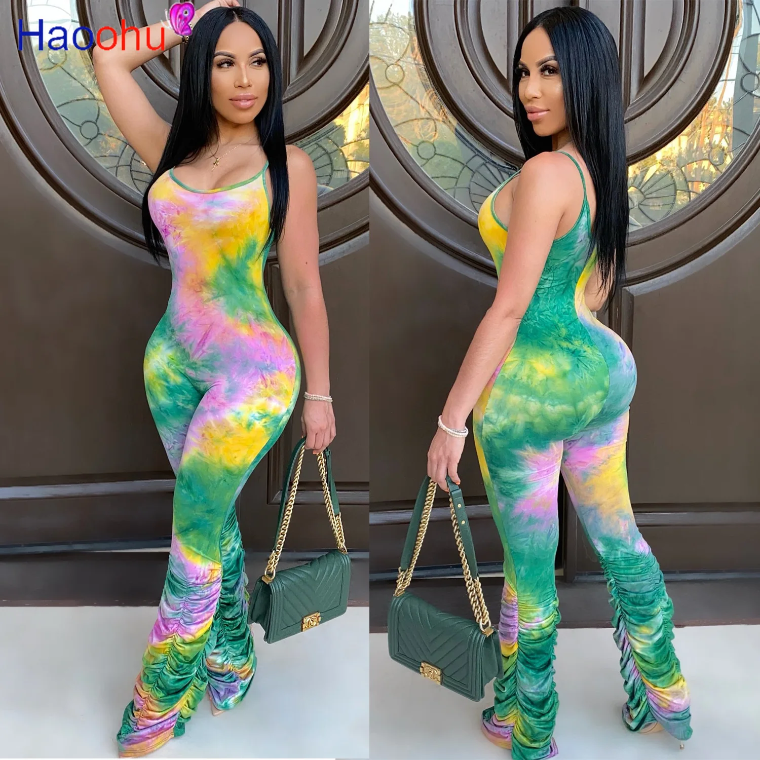 

HAOOHU Sexy Tie Dye Bodycon Rompers Womens Jumpsuit Summer Clothes One Piece Club Outfits Stacked Leggings Pants Body Overalls