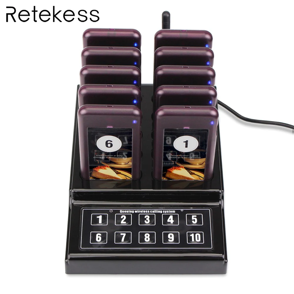RETEKESS 1 передатчик + 10 пейджеров Беспроводная 433 92 MHz система ожидания гостей для