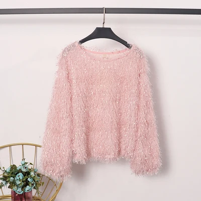 Pink Осень Женская Сексуальная Bling o-образным вырезом кисточка искусственный мех с длинным рукавом вязаный свитер рубашка леди базовые Топы футболки пуловеры - Цвет: Pink