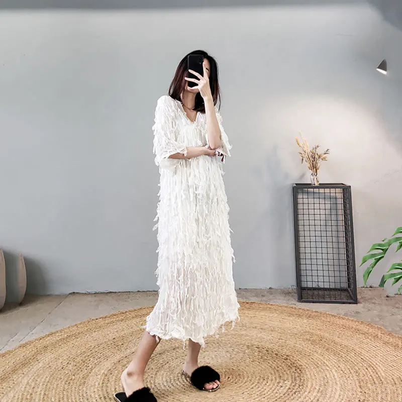 XITAO Goddess Style V Neck High Waist Black Dresses Tassel Chiffon Dress Women White Five-point Sleeve Fashion Wild New XJ3973 | Женская