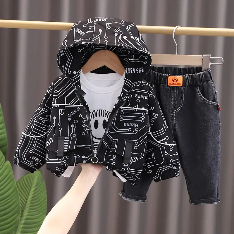 Los ni&ntilde;os de primavera ropa Casual beb&eacute; ni&ntilde;os ni&ntilde;as sudaderas con capucha abrigo chaqueta camiseta pantalones 3 unids/set ni&ntilde;os ch&aacute;ndal infantil 1, 2, 3, 4 5 a&ntilde;os-3