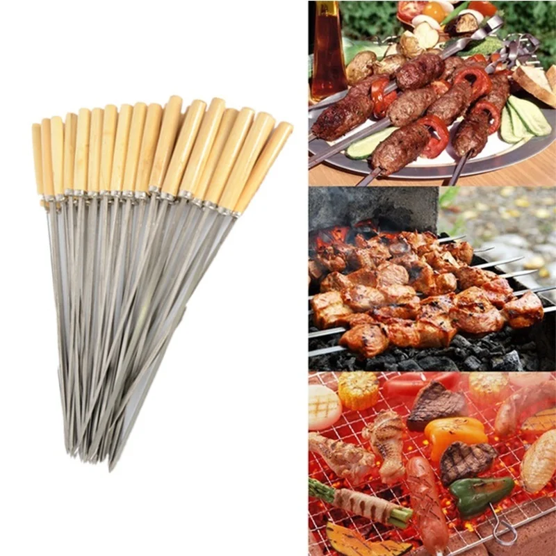 

5pcs BBQ Tools Stainless Steel Skewers Barbecue Roasting Needle Skewer Wooden Handle Roasting Fork