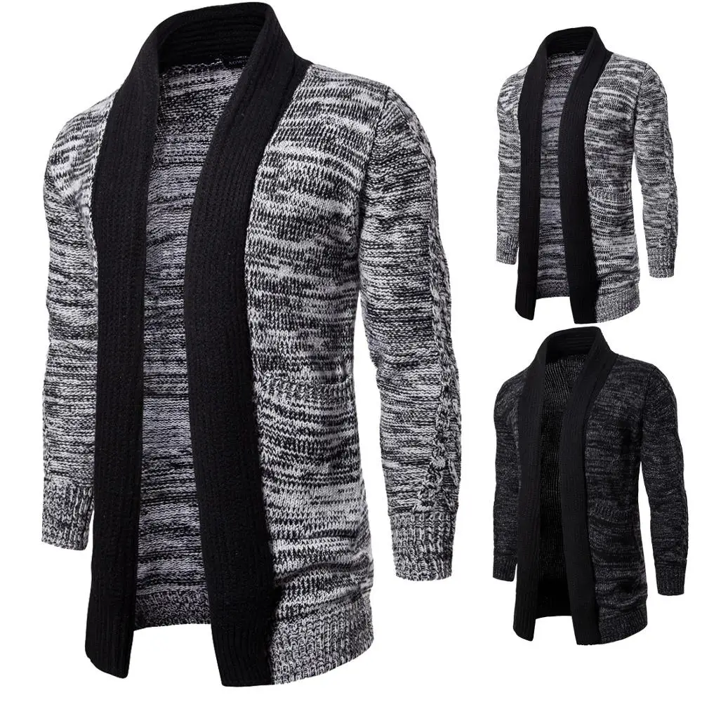 Теплый повседневный мужской свитер длинный вязаный с отложным воротником