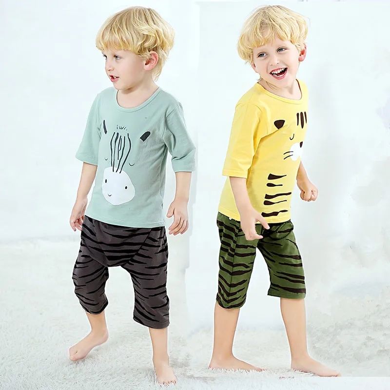 Летняя Пижама для мальчиков и девочек Детская Хлопковая пижама с мультяшным