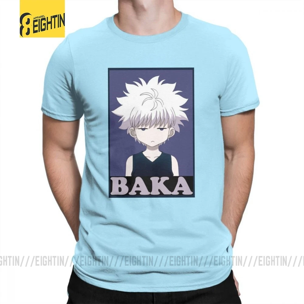Охотник х Хантер футболки Killua Zoldyck Baka классический комикс о-образный вырез с коротким рукавом классический крой Чистый хлопок футболки мягкие мужские футболки - Цвет: Небесно-голубой