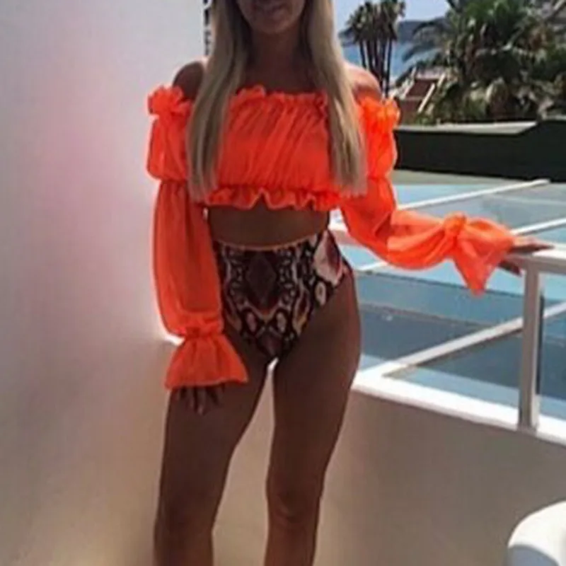 Sexy Green bikini set Swimwear Women Mesh long sleeve swimsuit female High waist bikini Snake printed Bathing suit Mujer