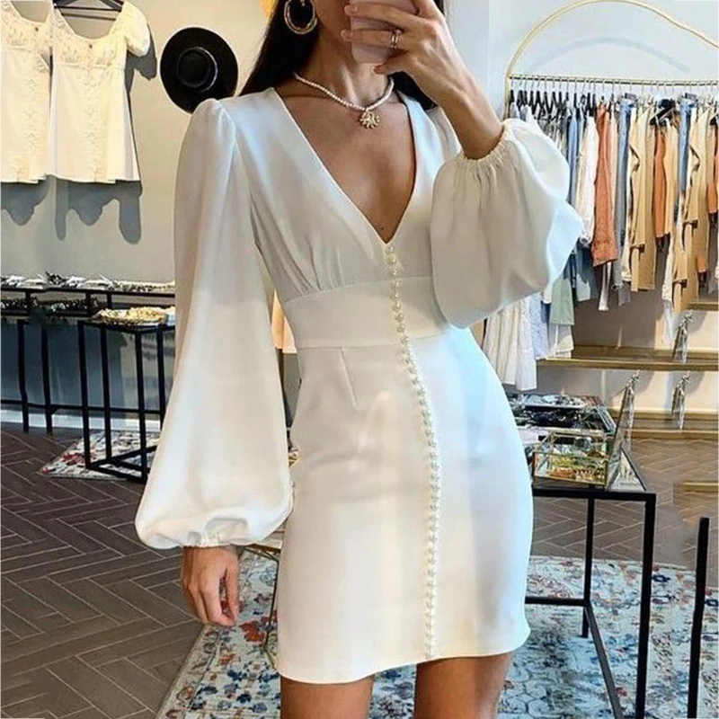 

Deep V-Neck Sexy Long Sleeve Pencil Mini Dress 2020 Tight High Waist Solid White Elegant Zipper Back Bead One Vestidos SJ6888C