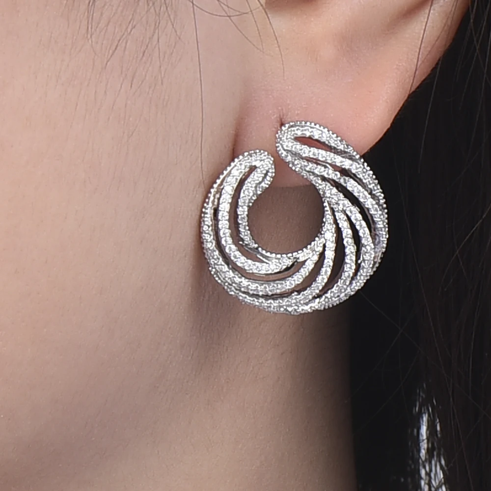 

LARRAURI Trendy Cubic Zirconia Inlaid Stud Earrings Statement Bridal Wedding Jewelry Round Bohemian Hollow Earrings For Women
