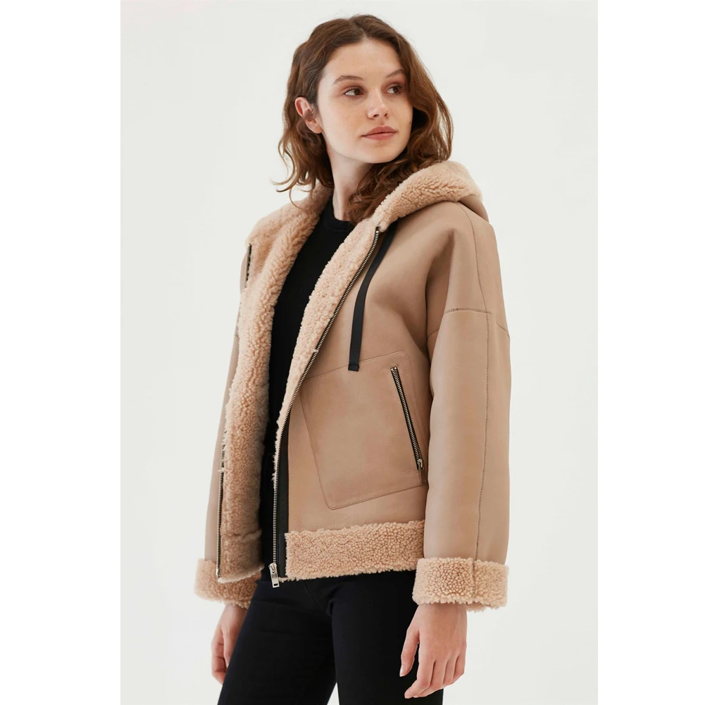 Womens Shearling Jacket Turkey Sheepskin Coat Hooded Leather Jacket Short Fur Coat Warmest Winter Coats