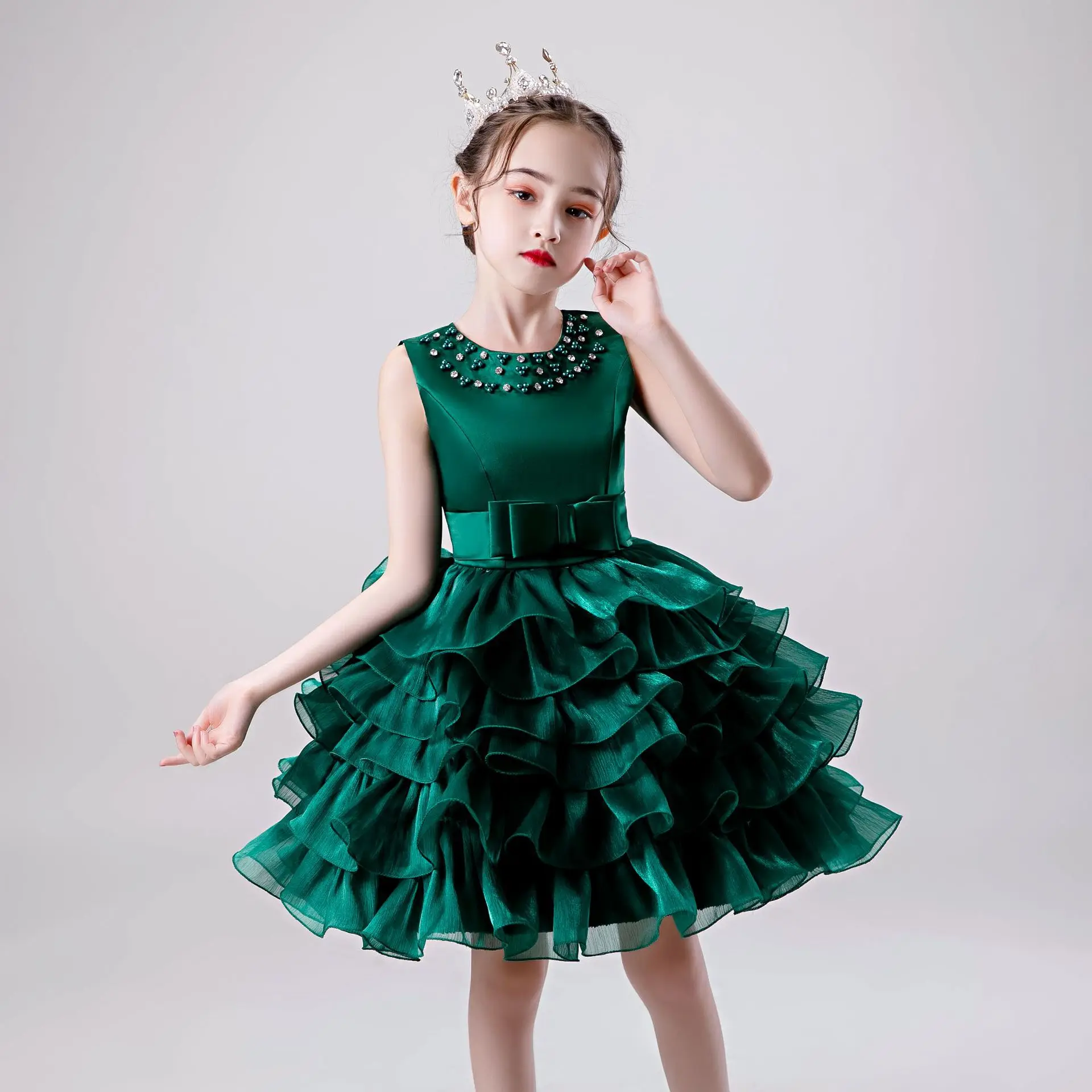 3-11Y Baby Girls Beading Green Flower Dresses Kids Puffy Layered Tutu Princess Dress Toddlers Birthday Party Event Prom Gowns