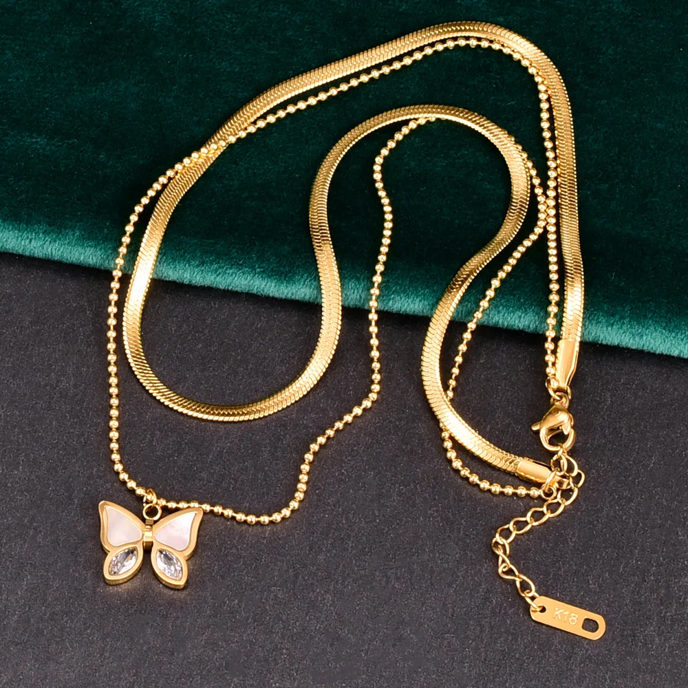 

Butterfly stereo white Fritillaria Necklace titanium steel plated 18K Gold Pendant Necklaces Fashion Vintage