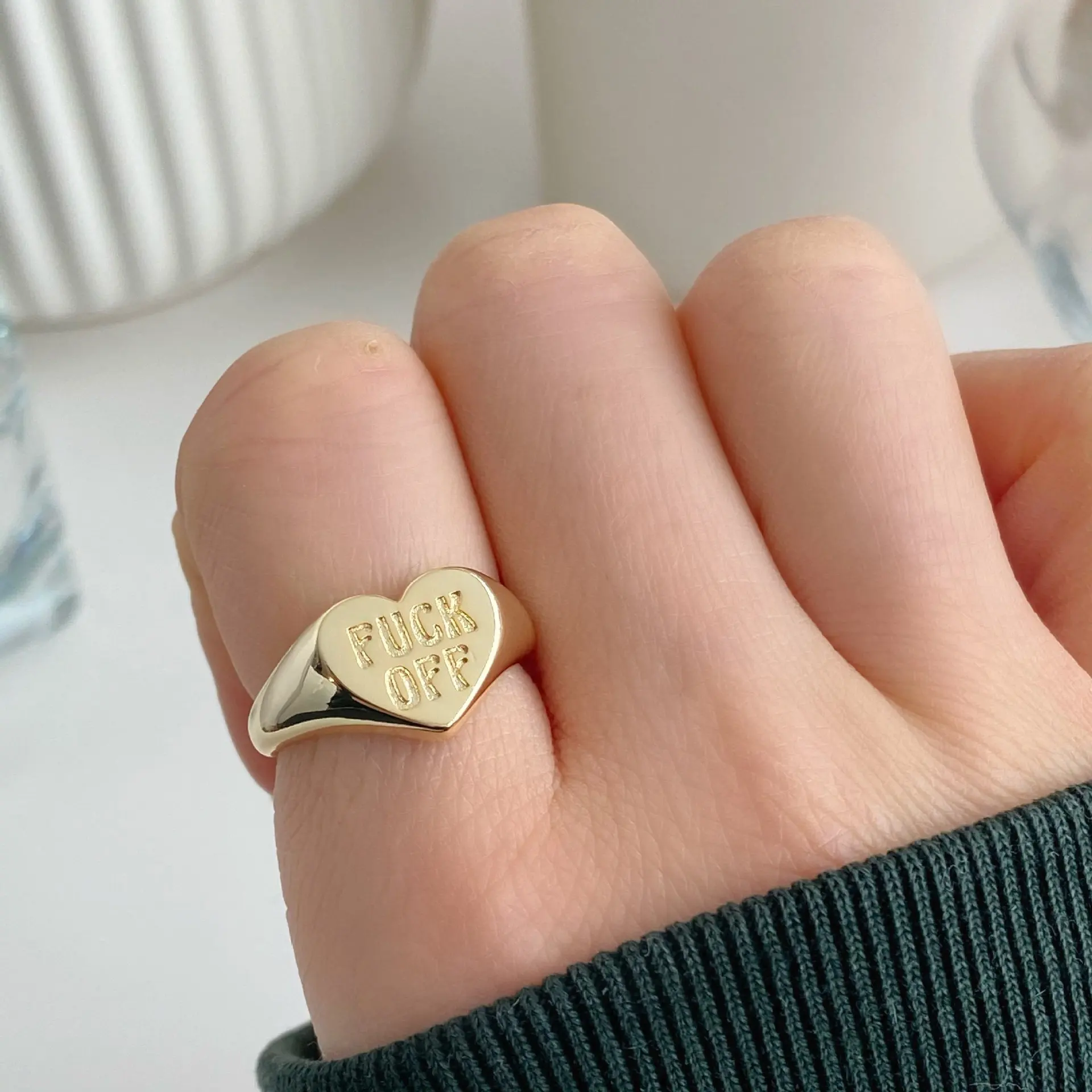 

7Rings Hip Pop Punk Style Trendy Copper Golden Colour Heart Shape Words F**K Off Rings for Women and Men Jewelry Accessories
