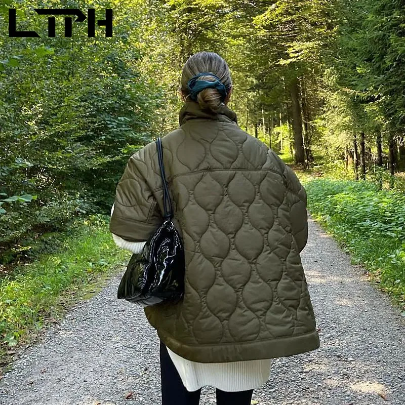 LTPH streetwear women parkas vintage army green coat short sleeved argyle quilted jacket light fashion outerwear 2021 autumn new