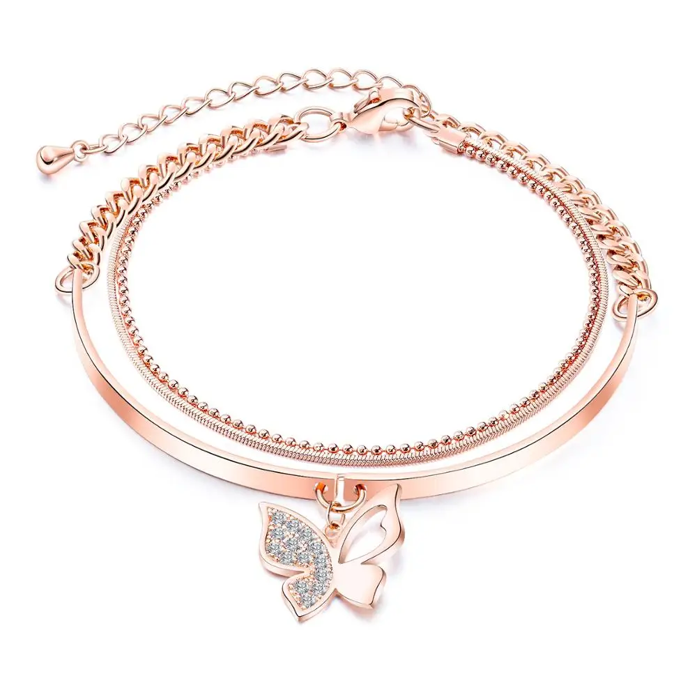 

New fashion style bracelet sweet butterfly double the bowknot bracelet rose gold plated bracelet with rain stone for females
