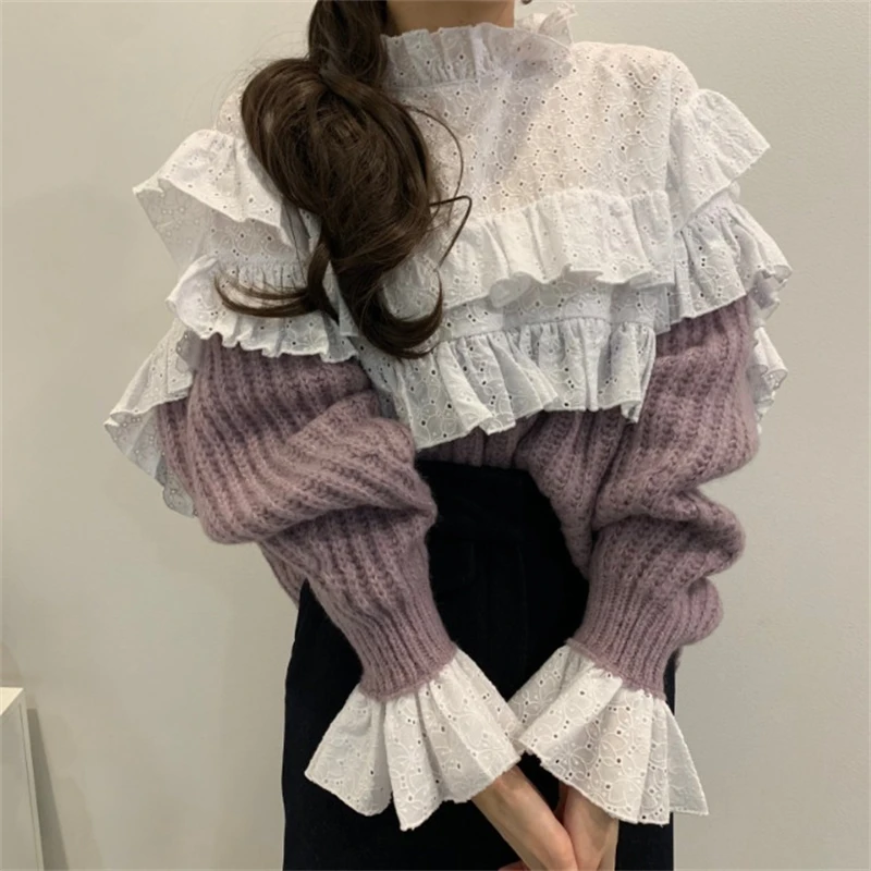 

Pinkou Women Sweet Ruffled Patchwork Knitted Sweater Hollow Out Flare Sleeve Spliced Female Cute Pullover Warm Tops HA154